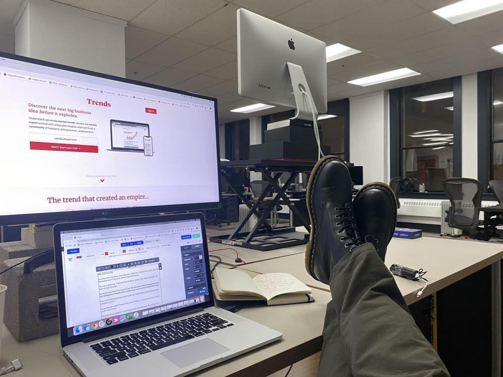 My desk. 8:45 PM. When everyone's gone home, the research and writing begins!